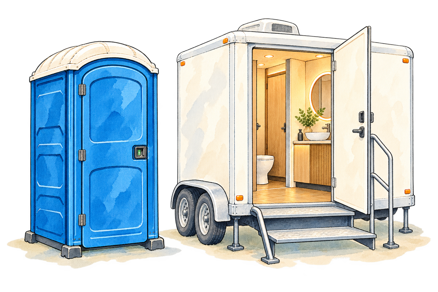 Illustration of one blue portable loo and one open luxury toilet trailer with its interior visible